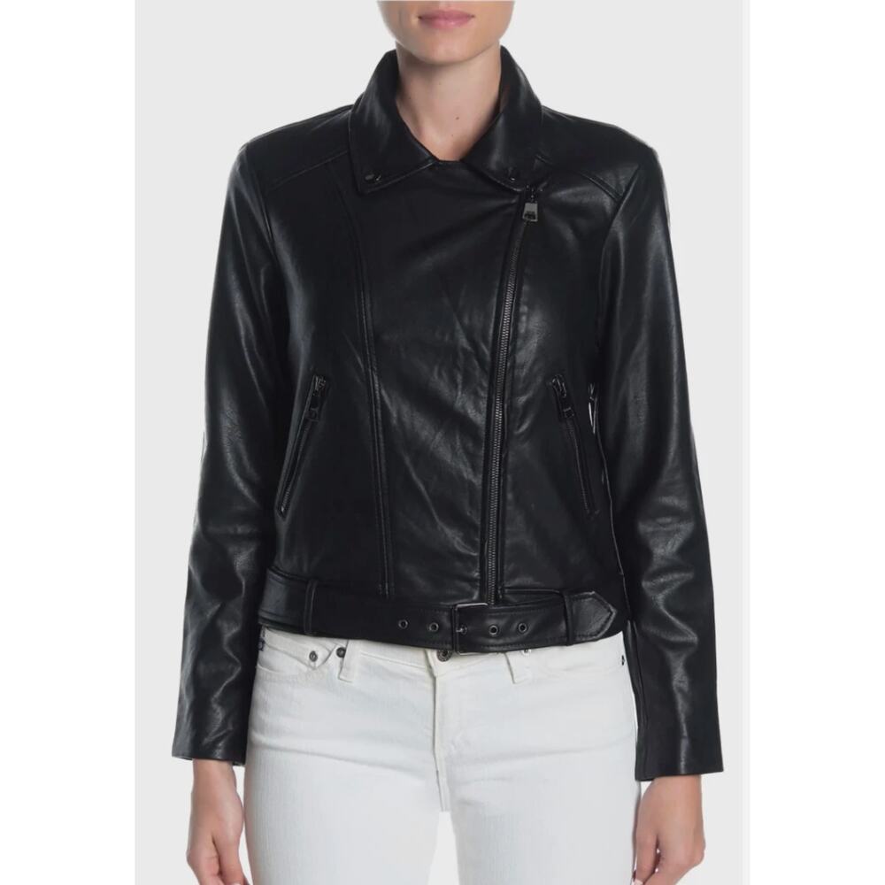 Elodie Black Faux Leather Full Zip Belted Moto Jacket Rocker Motorcycle Small - Picture 9 of 9